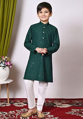 Deep Green Embroidered Cotton Kurta Set For Boy