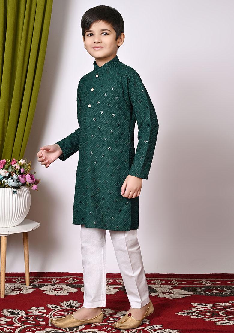 Deep Green Embroidered Cotton Kurta Set For Boy