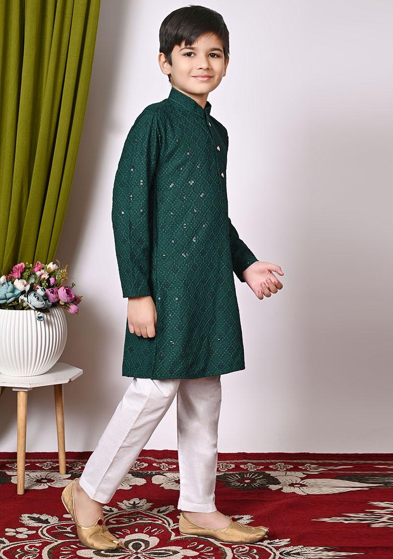 Deep Green Embroidered Cotton Kurta Set For Boy