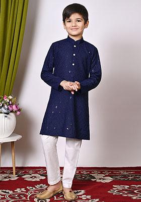 Navy Blue Embroidered Cotton Kurta Set For Boy