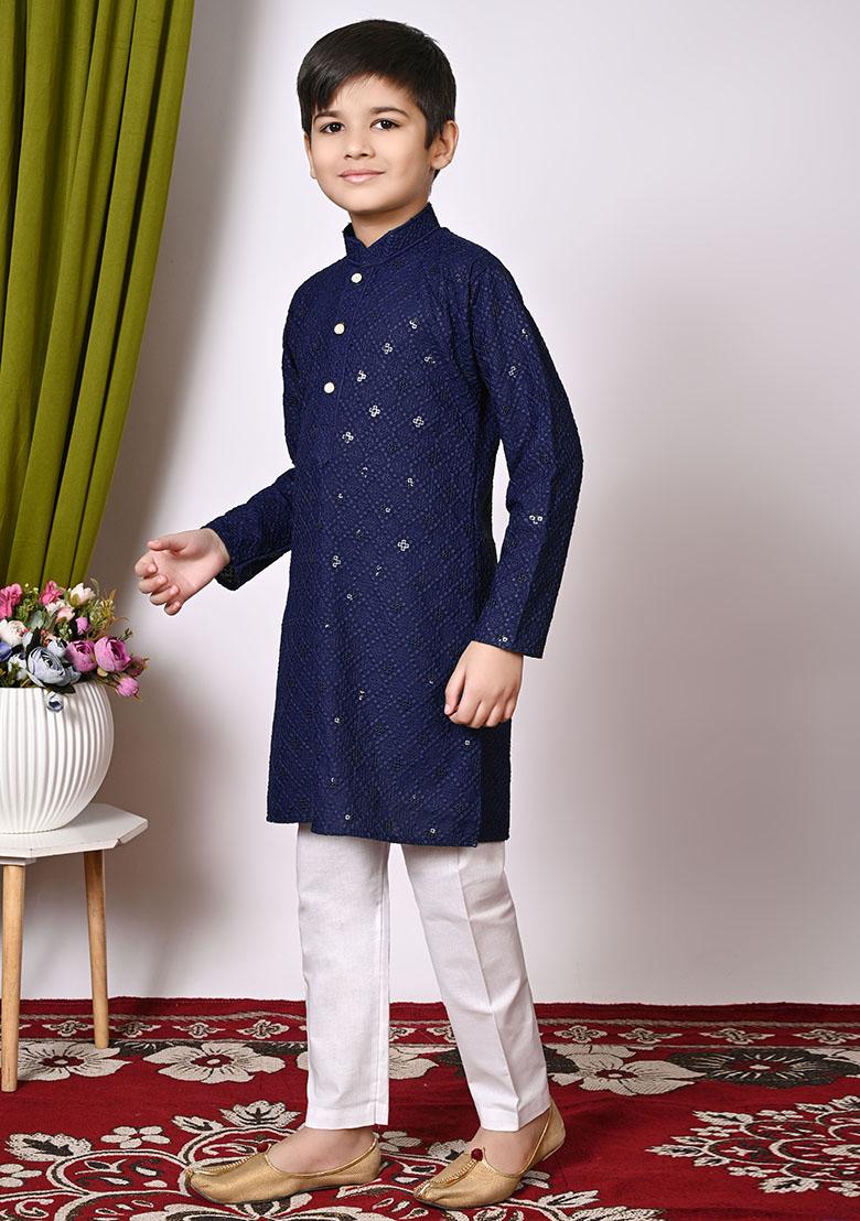 Navy Blue Embroidered Cotton Kurta Set For Boy