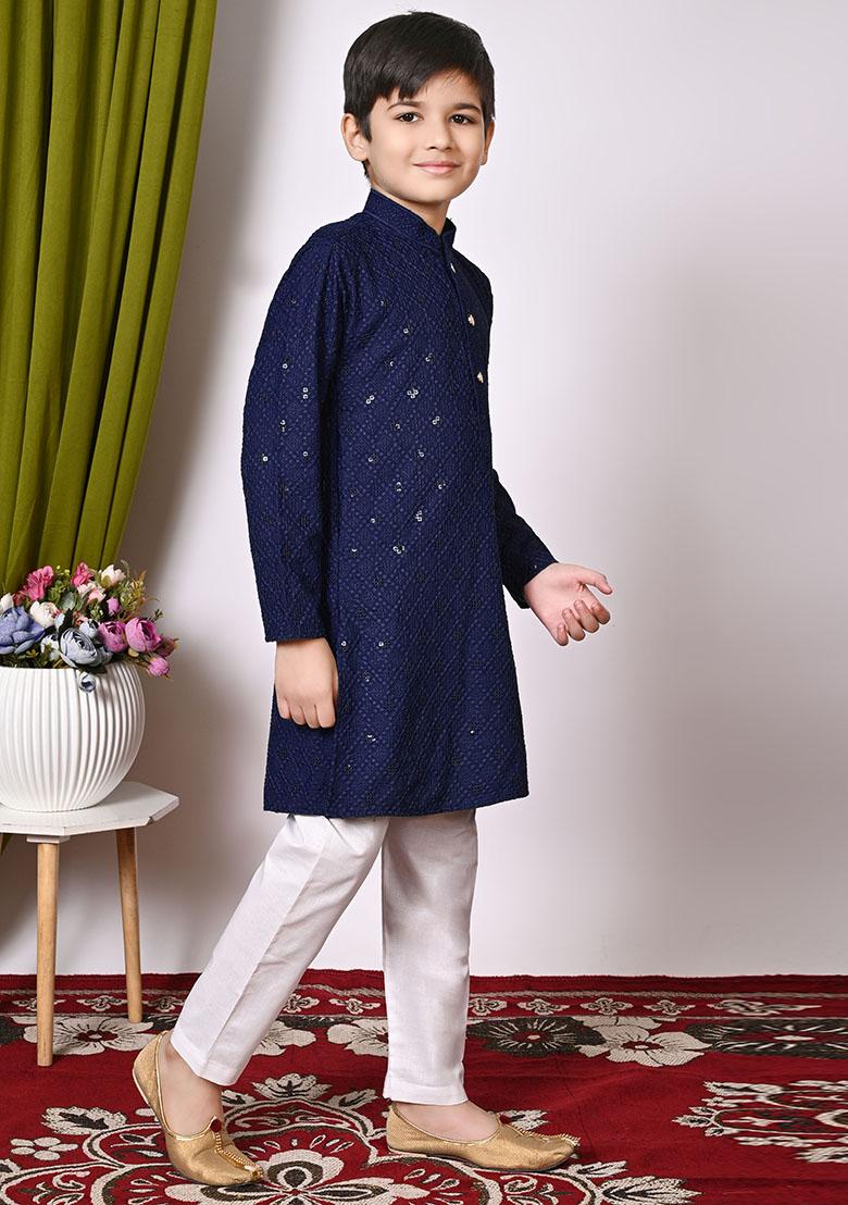 Navy Blue Embroidered Cotton Kurta Set For Boy