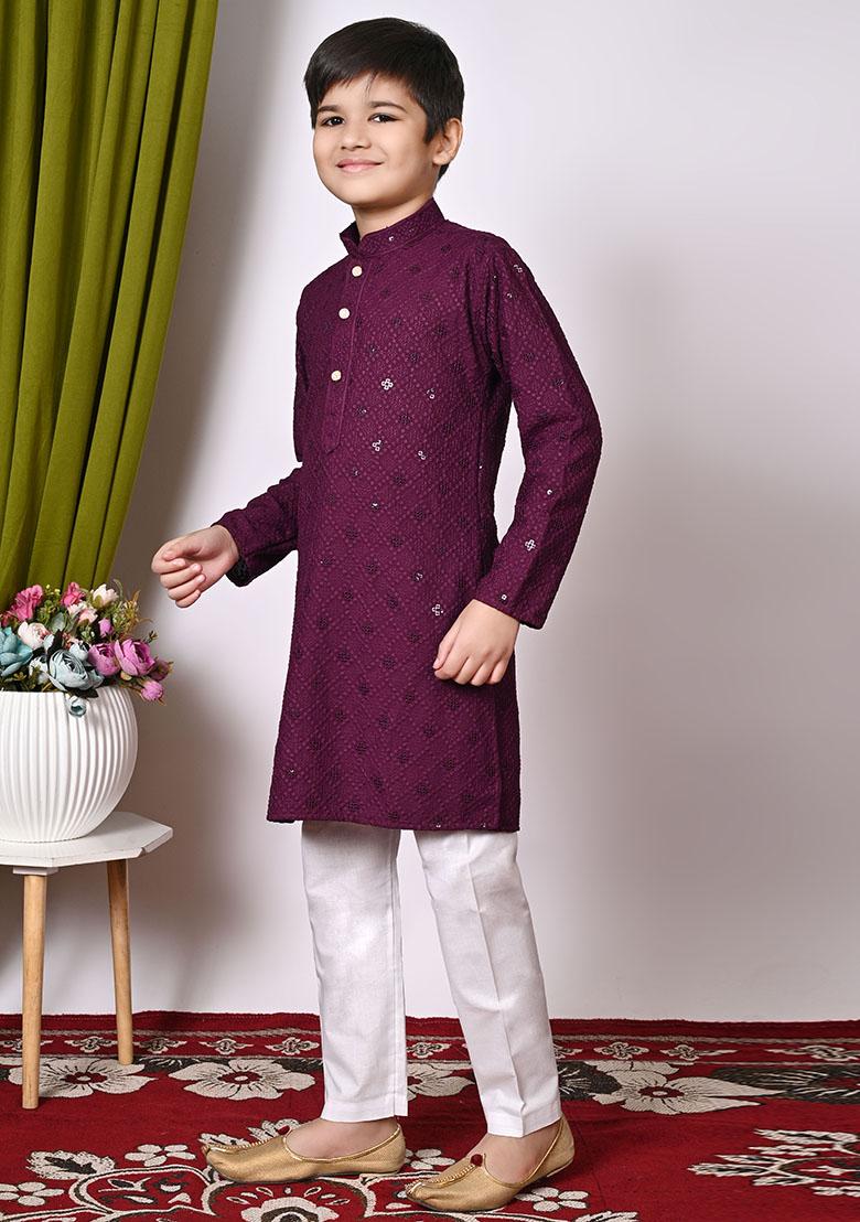 Wine Embroidered Cotton Kurta Set For Boy