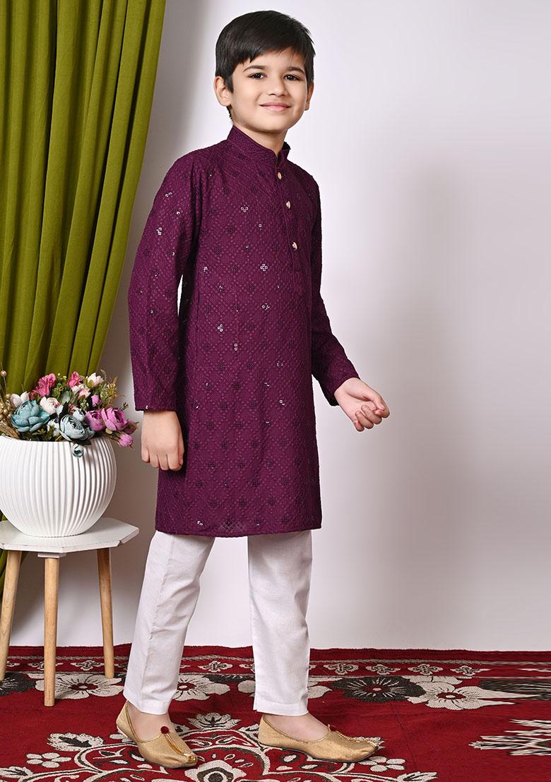 Wine Embroidered Cotton Kurta Set For Boy