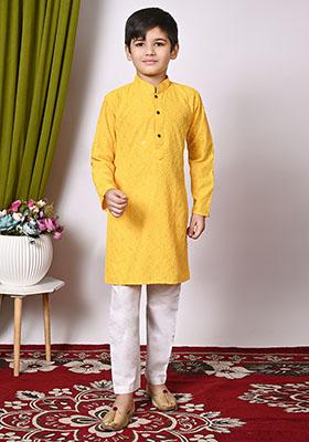 Yellow Embroidered Cotton Kurta Set For Boy
