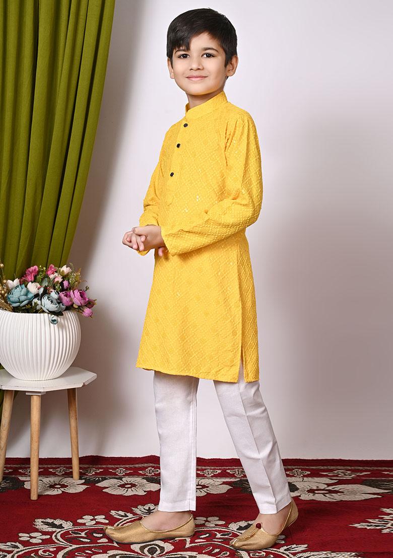 Yellow Embroidered Cotton Kurta Set For Boy
