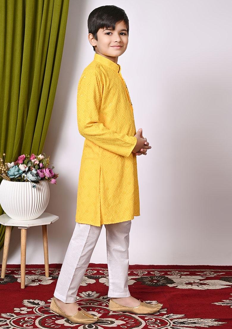 Yellow Embroidered Cotton Kurta Set For Boy