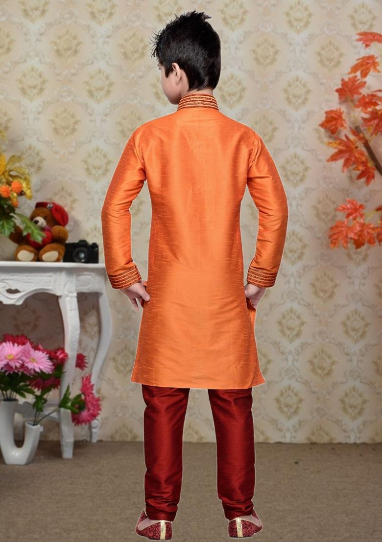 Orange Self Design Art Silk Kurta Set For Boy