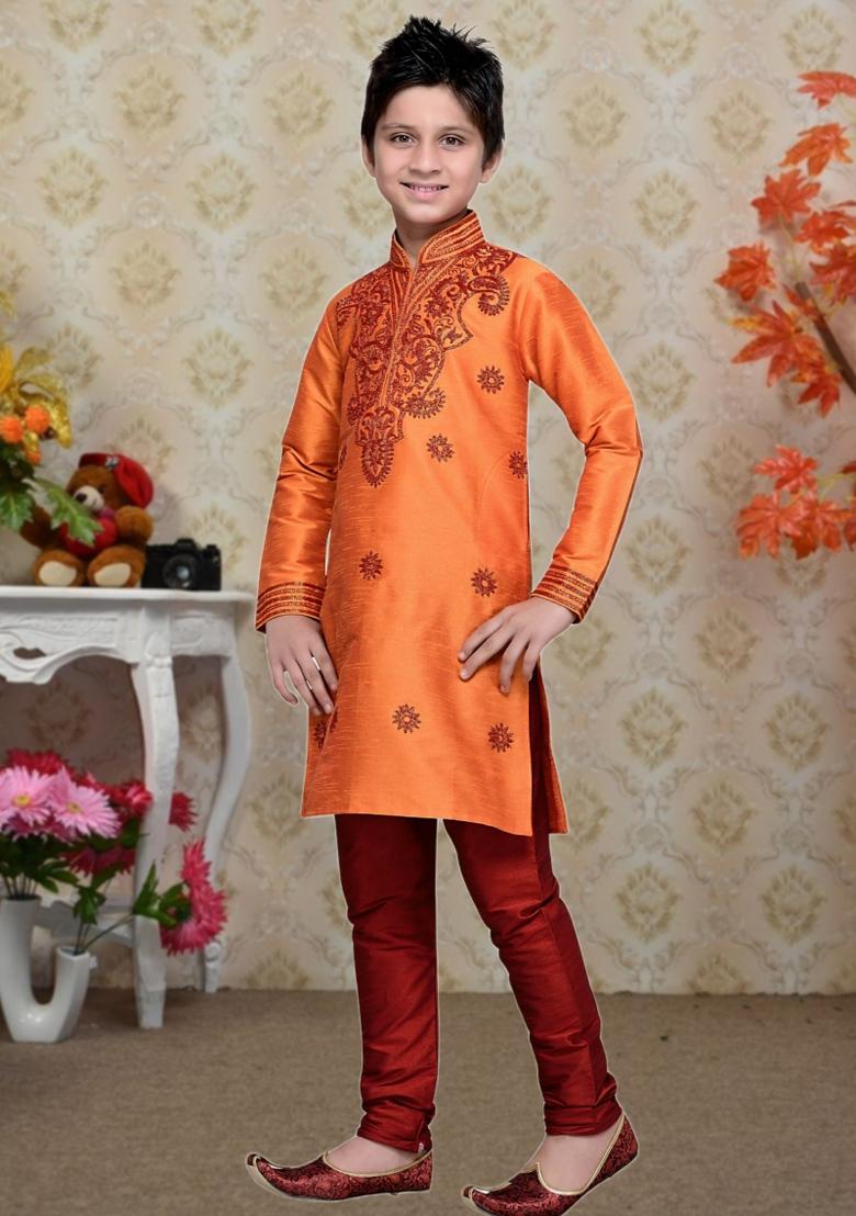Orange Self Design Art Silk Kurta Set For Boy