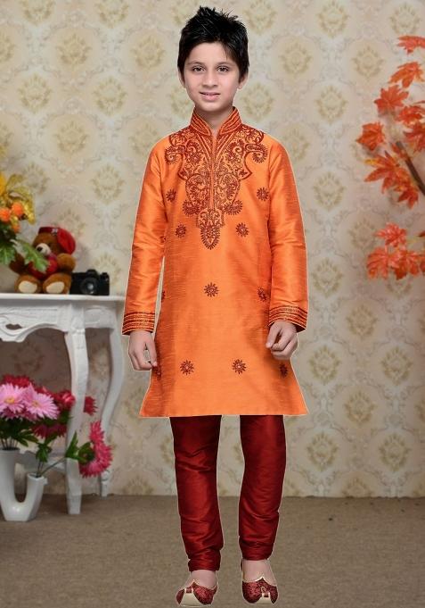 Orange Self Design Art Silk Kurta Set For Boy