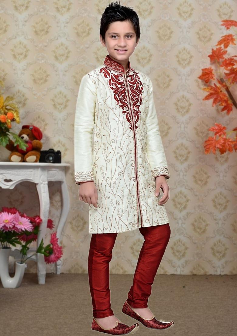 Cream Self Design Art Silk Kurta Set For Boy
