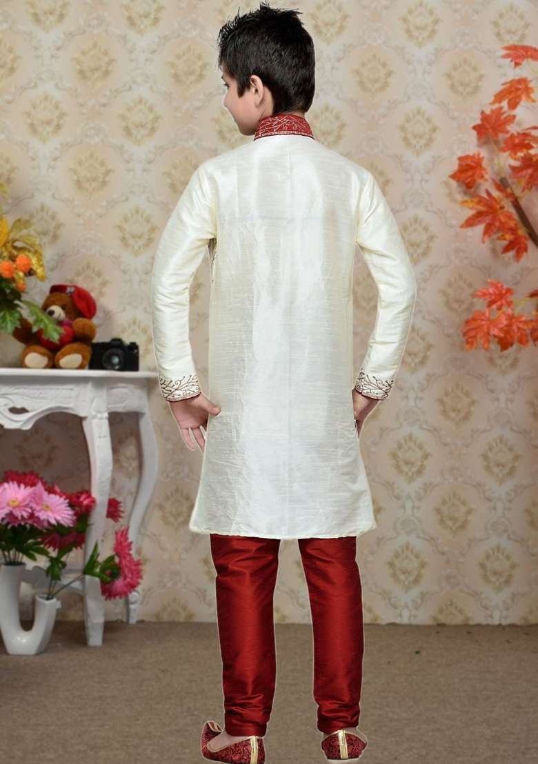 Cream Self Design Art Silk Kurta Set For Boy - Indya