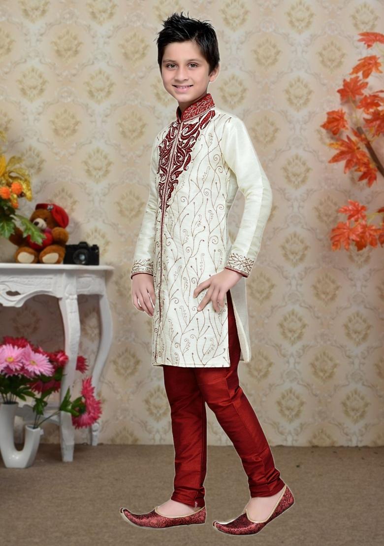 Cream Self Design Art Silk Kurta Set For Boy