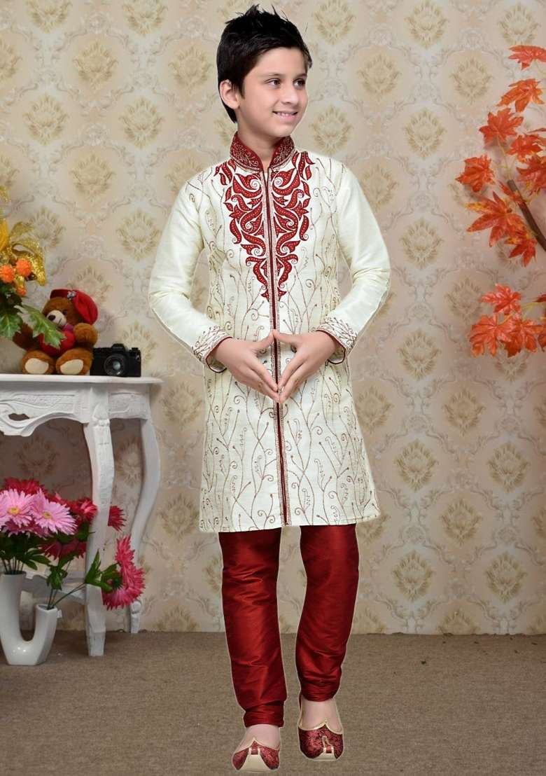 Cream Self Design Art Silk Kurta Set For Boy - Indya