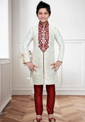 Cream Self Design Art Silk Kurta Set For Boy