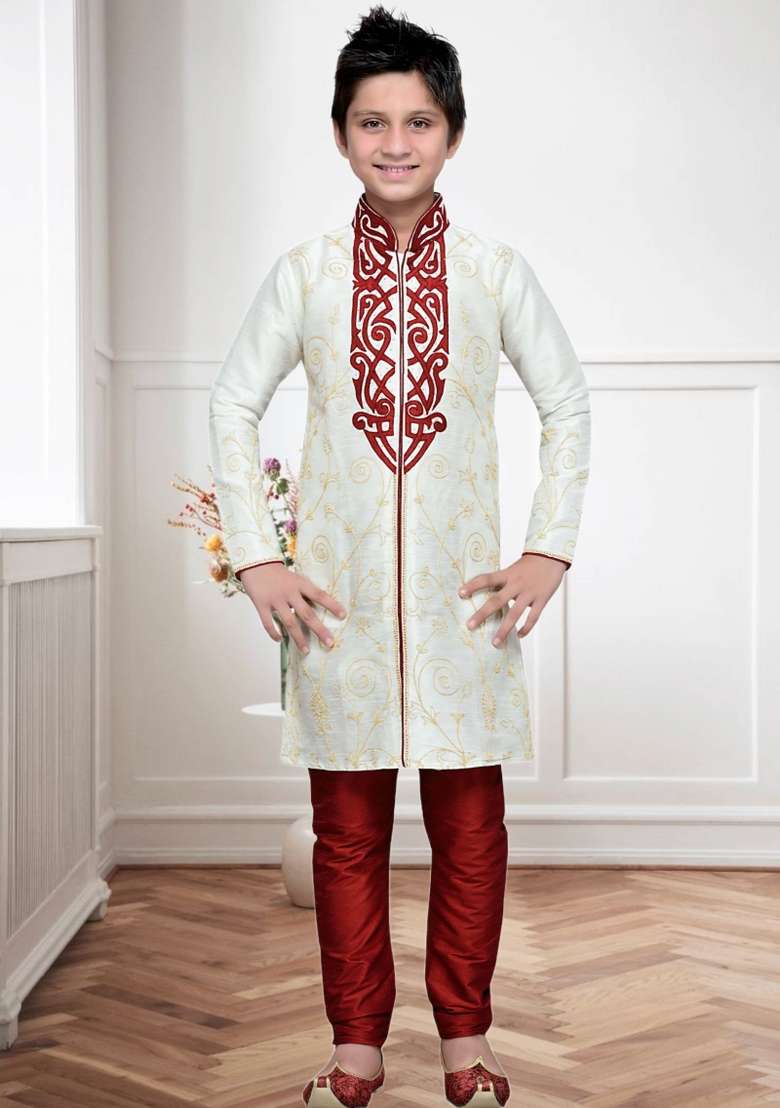 Cream Self Design Art Silk Kurta Set For Boy - Indya