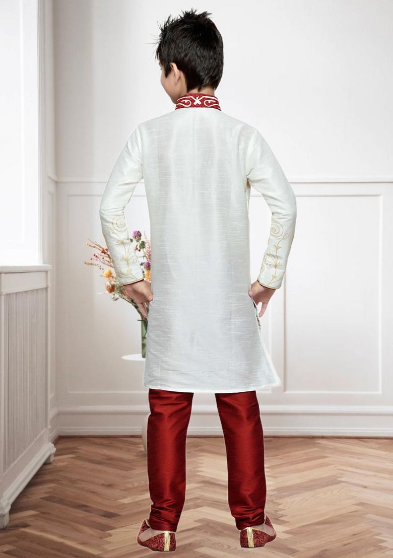 Cream Self Design Art Silk Kurta Set For Boy