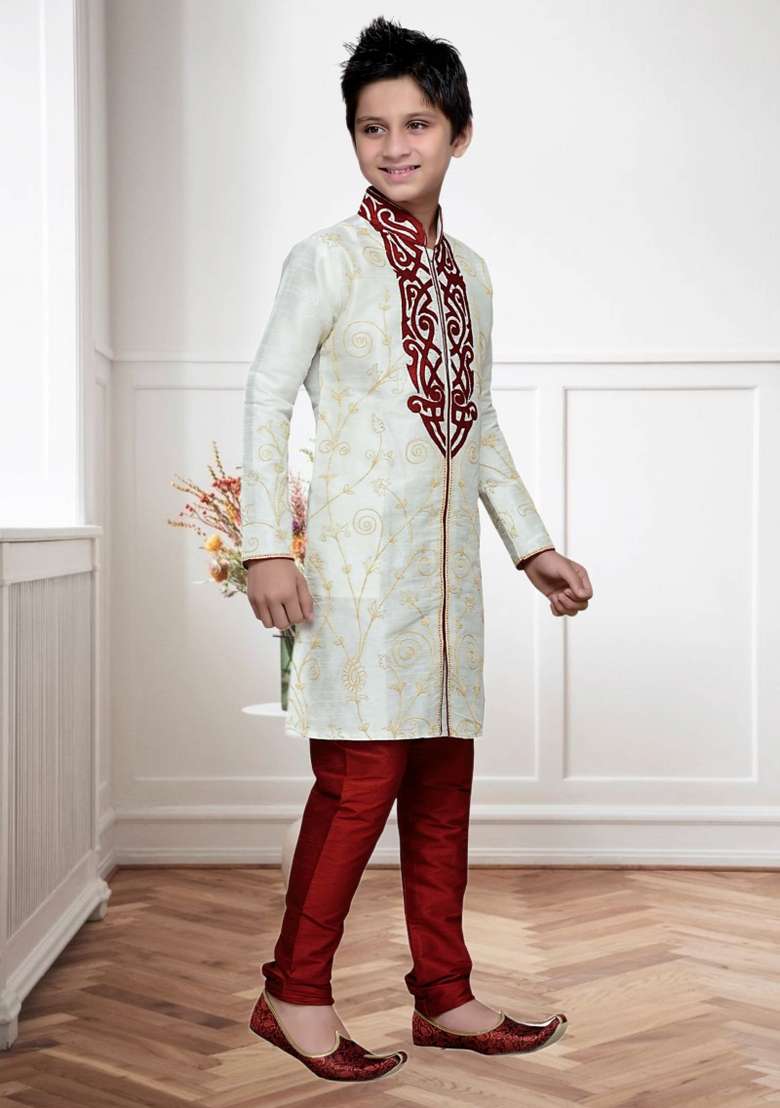 Cream Self Design Art Silk Kurta Set For Boy - Indya