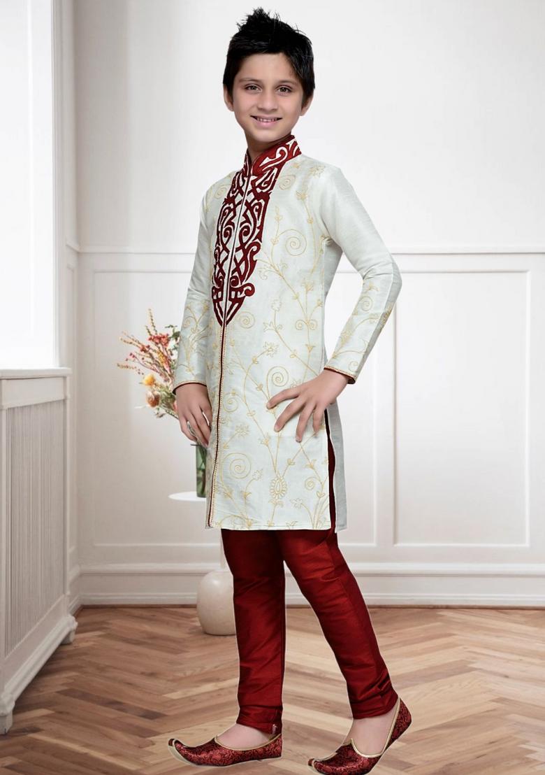 Cream Self Design Art Silk Kurta Set For Boy