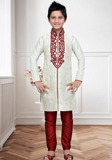 Cream Self Design Art Silk Kurta Set For Boy — view on Indya