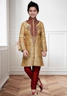Chiku Brown Self Design Art Silk Kurta Set For Boy