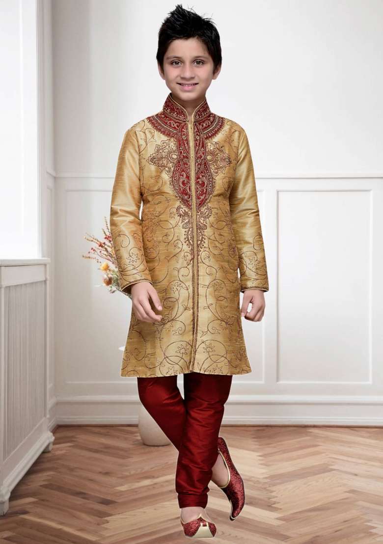 Chiku Brown Self Design Art Silk Kurta Set For Boy - Indya