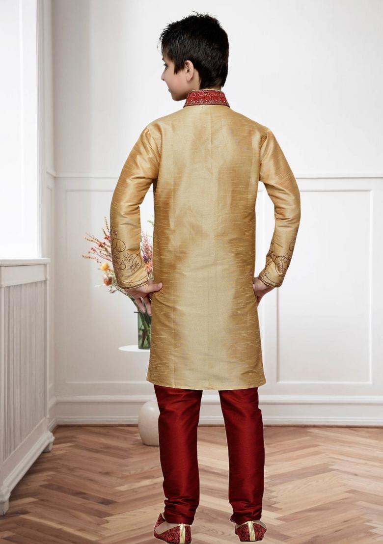 Chiku Brown Self Design Art Silk Kurta Set For Boy