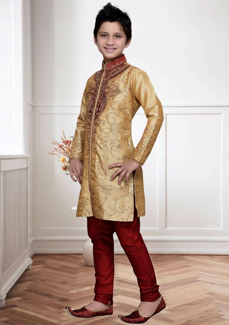 Chiku Brown Self Design Art Silk Kurta Set For Boy - Indya
