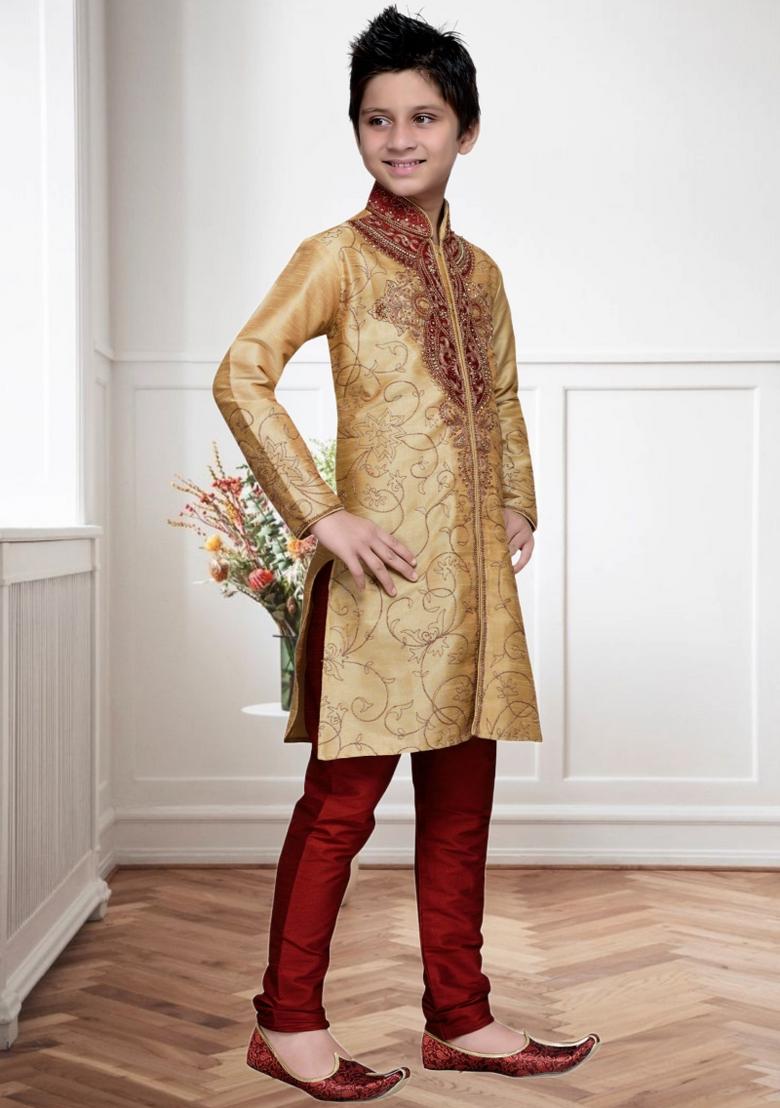 Chiku Brown Self Design Art Silk Kurta Set For Boy