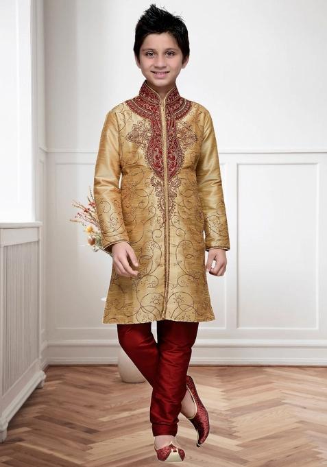 Chiku Brown Self Design Art Silk Kurta Set For Boy