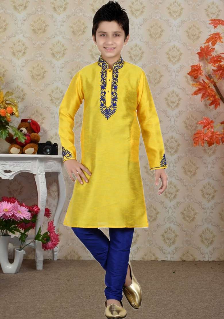 Yellow Self Design Art Silk Kurta Set For Boy - Indya