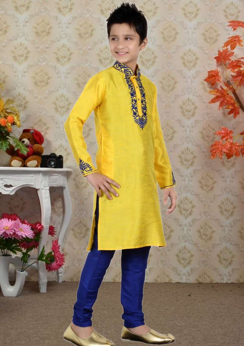 Yellow Self Design Art Silk Kurta Set For Boy - Indya