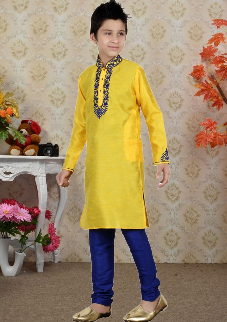 Yellow Self Design Art Silk Kurta Set For Boy