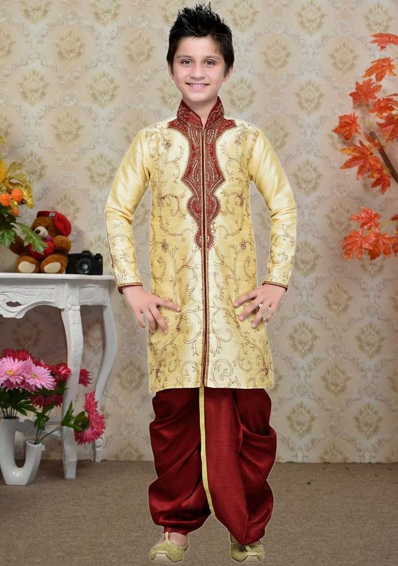 Fawn Orange Self Design Art Silk Kurta Set For Boy - Indya