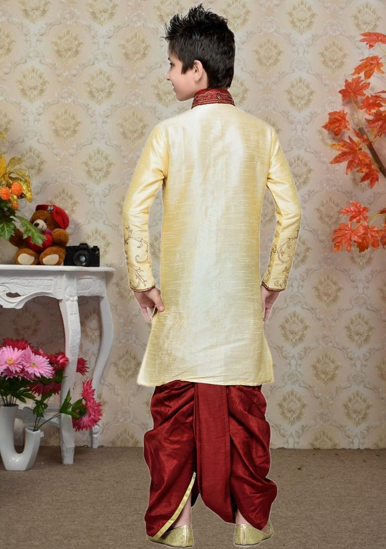 Fawn Orange Self Design Art Silk Kurta Set For Boy