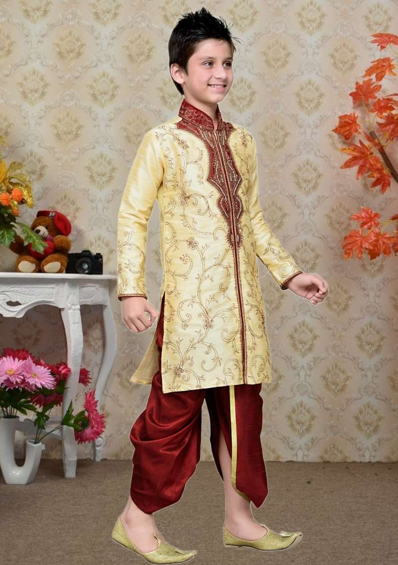 Fawn Orange Self Design Art Silk Kurta Set For Boy - Indya