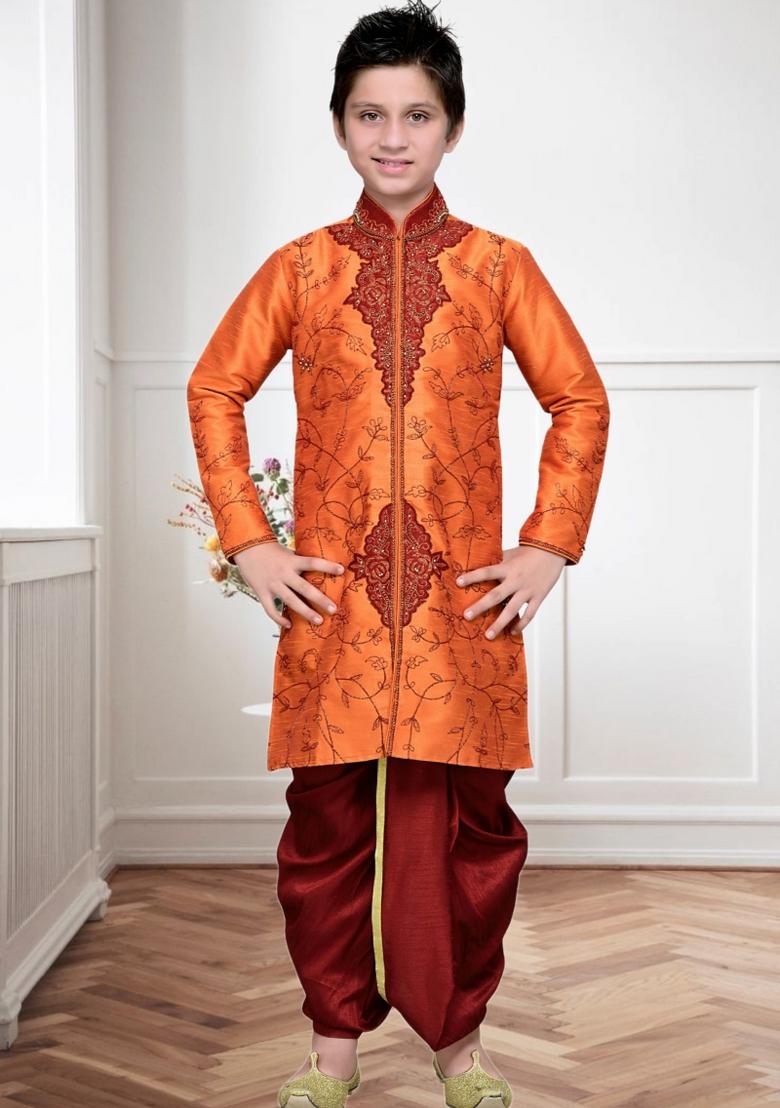 Orange Self Design Art Silk Kurta Set For Boy