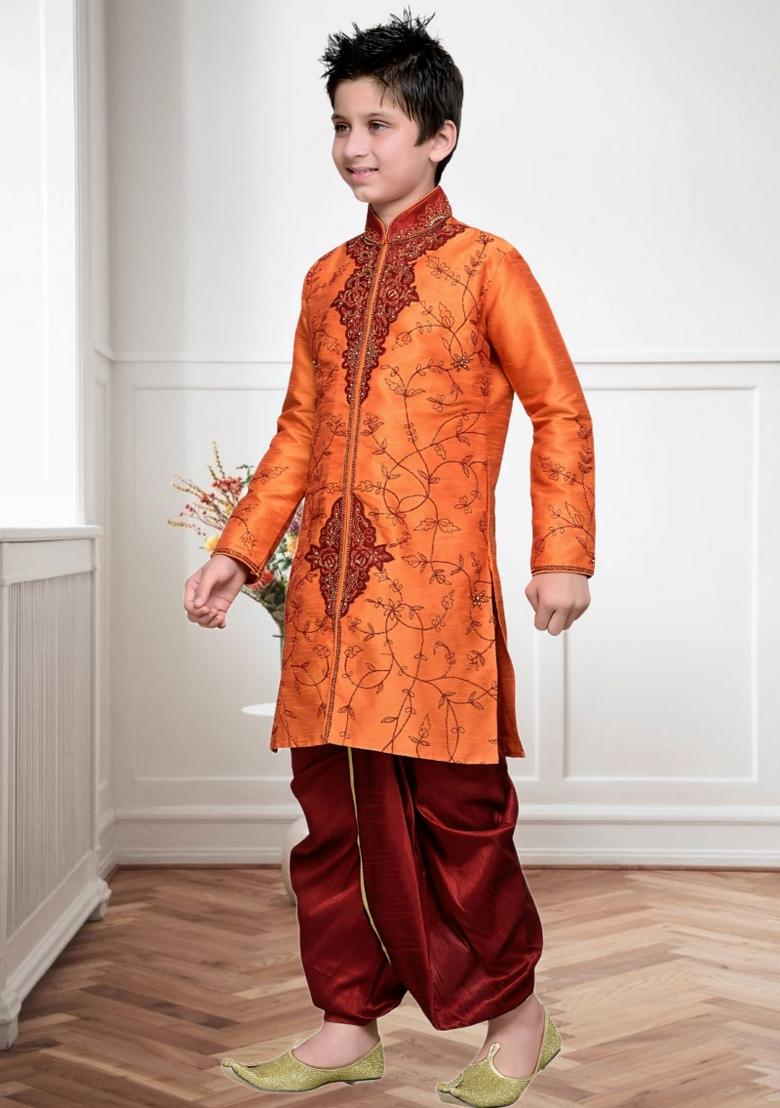 Orange Self Design Art Silk Kurta Set For Boy