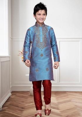 Sea Green Self Design Art Silk Kurta Set For Boy
