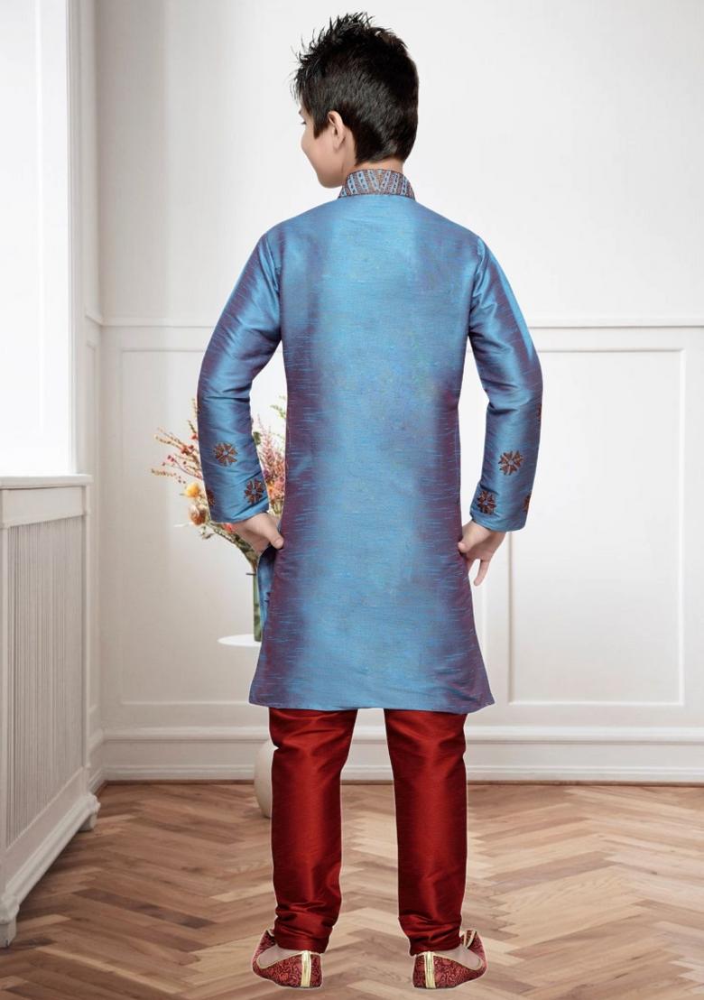 Sea Green Self Design Art Silk Kurta Set For Boy