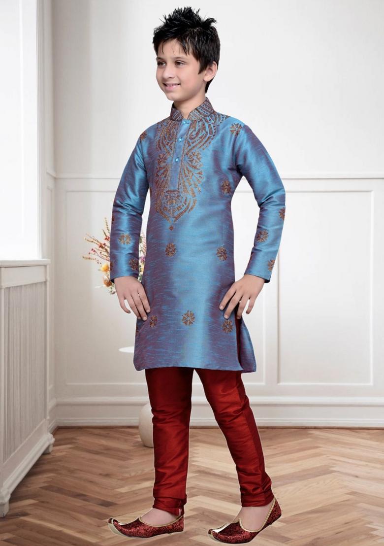 Sea Green Self Design Art Silk Kurta Set For Boy