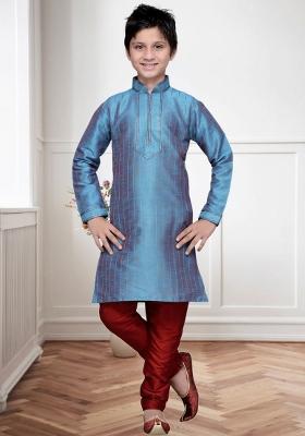 Sea Green Self Design Art Silk Kurta Set For Boy