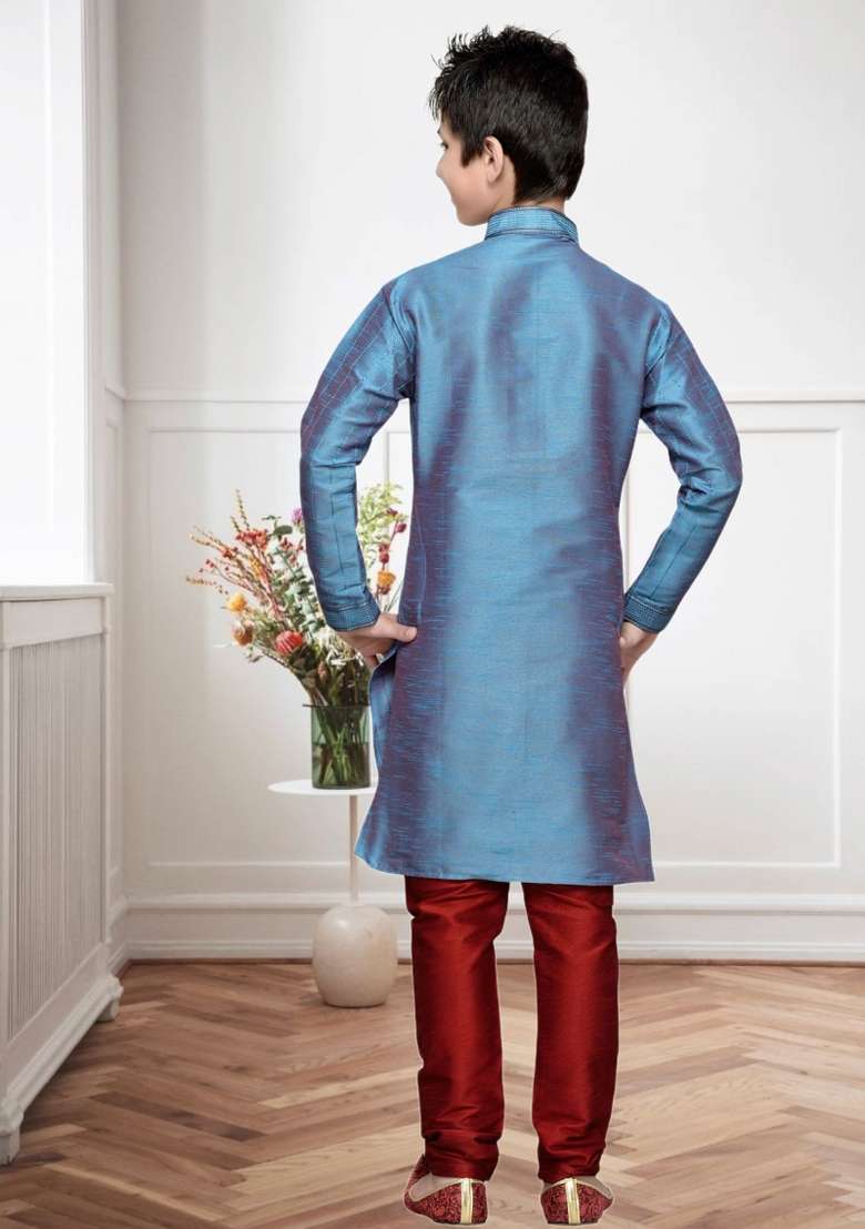 Sea Green Self Design Art Silk Kurta Set For Boy - Indya