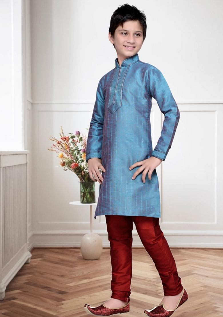 Sea Green Self Design Art Silk Kurta Set For Boy