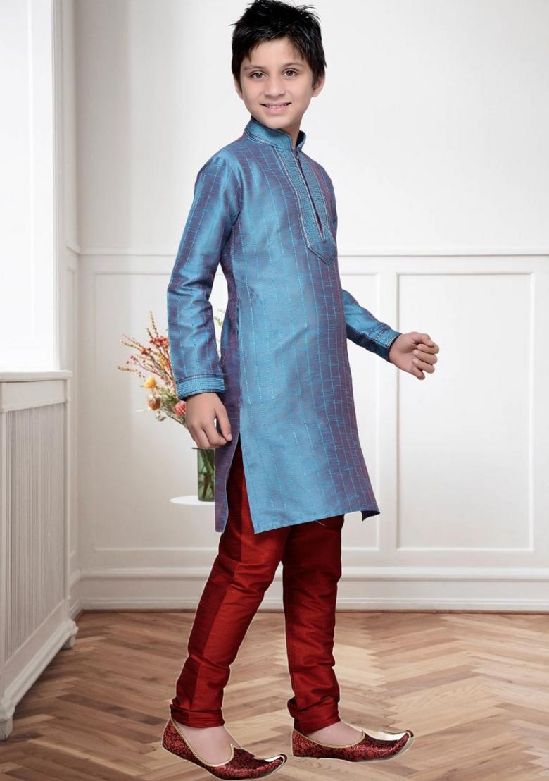 Sea Green Self Design Art Silk Kurta Set For Boy