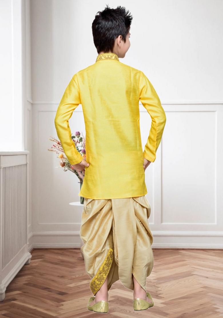 Yellow Self Design Art Silk Kurta Set For Boy
