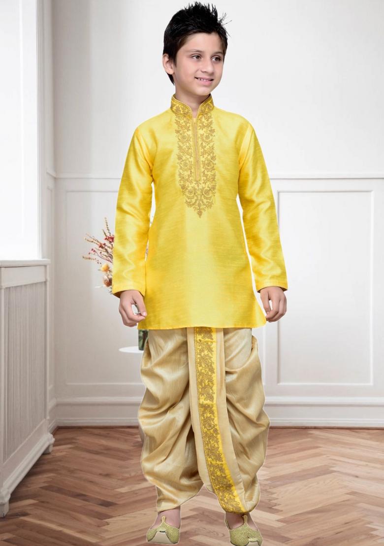 Yellow Self Design Art Silk Kurta Set For Boy
