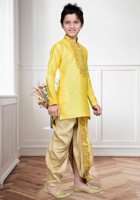 Yellow Self Design Art Silk Kurta Set For Boy