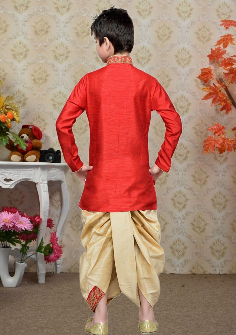 Red Self Design Art Silk Kurta Set For Boy