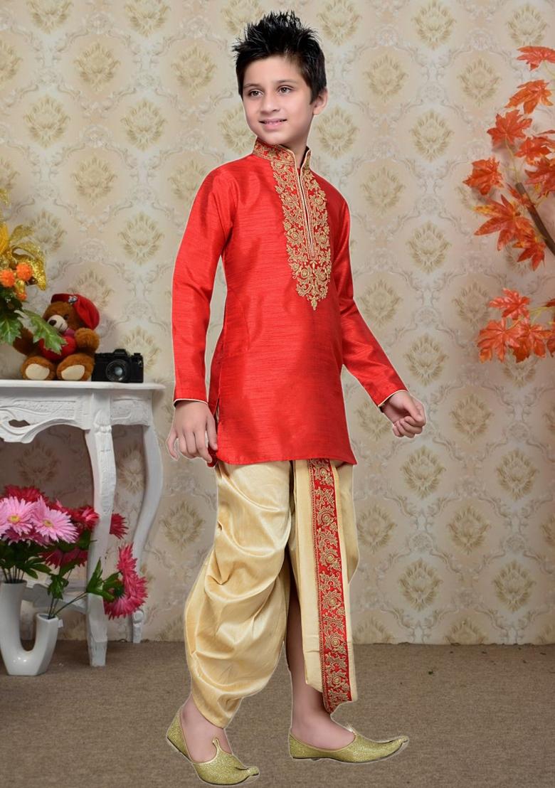 Red Self Design Art Silk Kurta Set For Boy